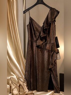 Adrianna Papell Bronze One-Shoulder Ruffle Evening Dress. NWT